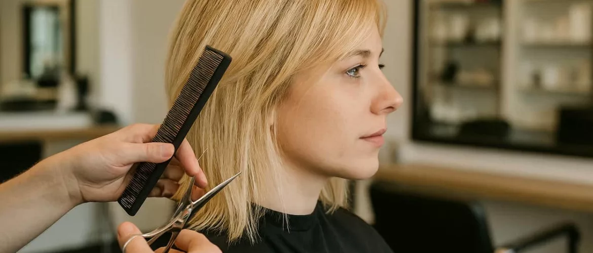 femme aux cheveux fins se faisant couper les cheveux