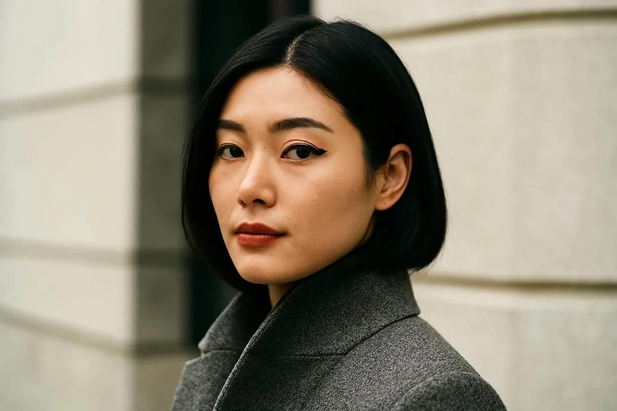 cheveux noirs, enroulés dans le col