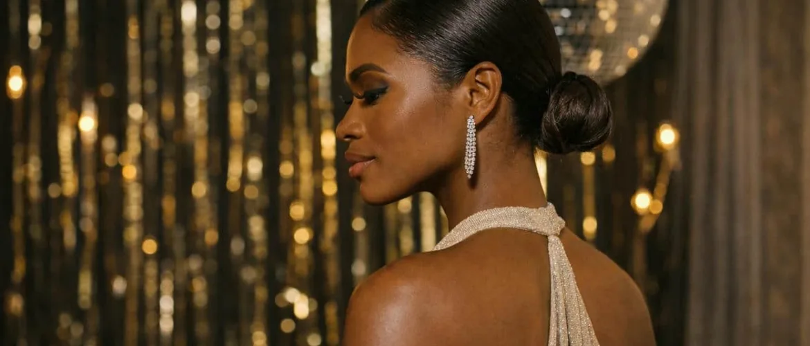 Coiffure plaquée élégante à effet wet pour soirée festive (idées coiffure réveillon 2025)